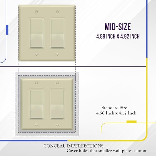 Image of ENERLITES 2-Gang Ivory Mid-Size Decorator Switch Outlet Wall Plate Cover | 1 Pack, Size 4.88 inch x 4.92 inch, Fits light switch /outlet /receptacle, Gloss Finish, Unbreakable Polycarbonate, UL Listed