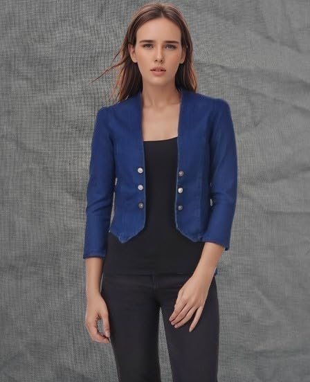 Image of Women's Blue Cropped Blazer, 3 /4 Sleeves, Button Front, Formal Jacket