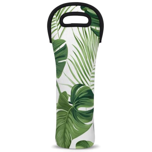 Neoprene Wine Tote Carrier Bag for Wine,Water, Champagne, Beer, Baby Bottles 15.6 x 5.1 Inches, Protective Wine Bag,Green Leaves Plant