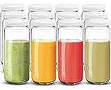 Bedoo 12 Pack Glass Juicing Bottles Jars 16 oz, Glass Juice Bottles for juicing, Glass Water Bottles, Reusable Travel Glass Drinking Bottles with Plastic Airtight Lids, Leak Proof