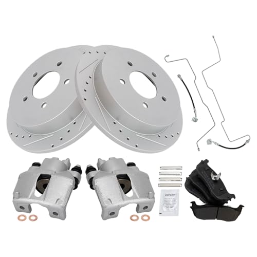 Image of TRQ Performance Rear Brake Pad and Rotor Set Semi Metallic Slotted Drilled Coated Rotors Calipers Compatible with 1999-2003 Ford F-150 2004 F-150 Heritage