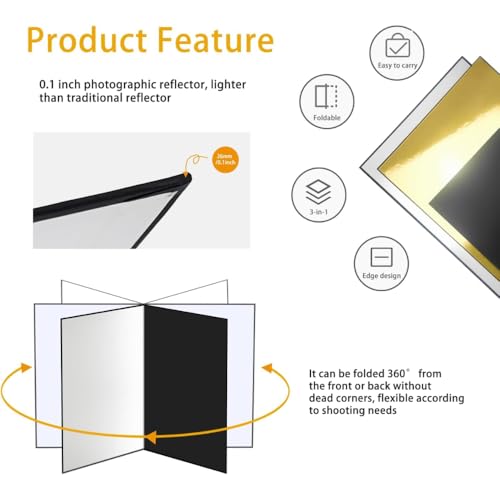 Image of SMILEDRIVE 4-in-1 Reflector & Foldable Board for Product Photography | Light Diffuser | Camera Reflector Panel for Still Life & Tabletop Shoots | Black, White, Golden & Silver Reflectors