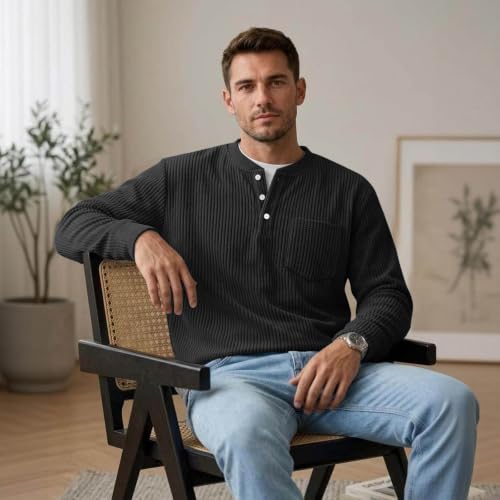 Mens Corduroy Shirt Henley Long Sleeve Button Down Pullover Shirts Pocket - image 3