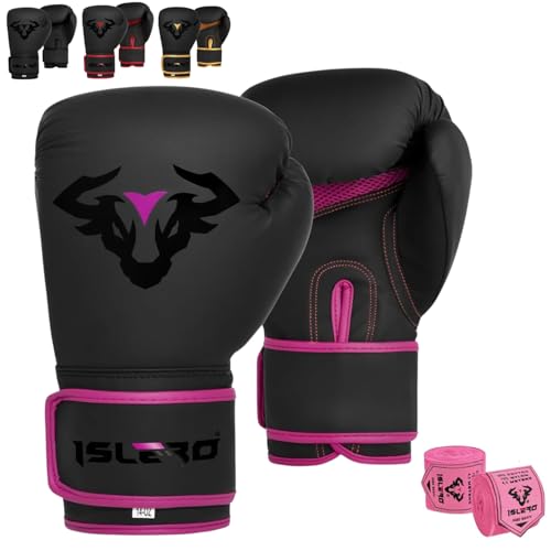 Islero EVO Fitness Matte Black Boxing Gloves Men Punch Bag Women Pink MMA Muay Thai Martial Arts Kick Boxing Sparring Training Fighting Gloves With Hand Wraps (8 OZ, Pink) Islero EVO Fitness Matte Black Boxing Gloves Men Punch Bag Women Pink MMA Muay Thai Martial Arts Kick Boxing Sparring Training Fighting Gloves With Hand Wraps (8 OZ, Pink)