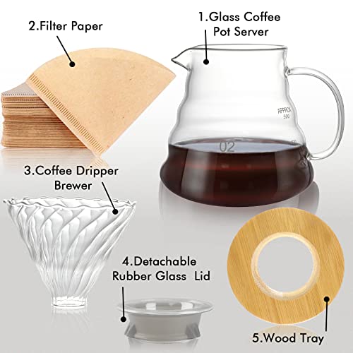 SuproBarware Pour Over Coffee Maker Set - Glass Dripper, Coffee Pot with Handle, Includes Spoon & 40 Paper Filters