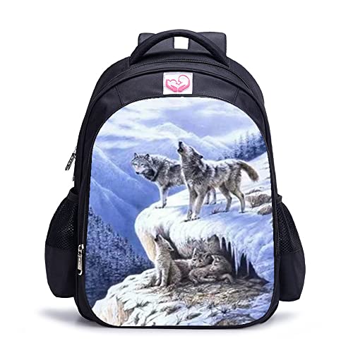 Sac à dos d'école Wolf ergonomique et spacieux 16 pouces avec bretelles rembourrées loup 3D