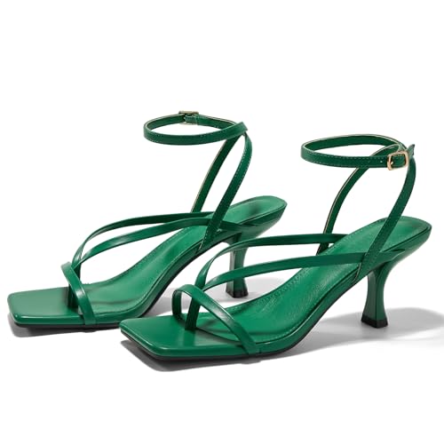 GotSoft Womens Lace Up Heeled Sandals Square Toe Flip Flop Kitten Heel Ankle Strap Dress Shoes Green size 8