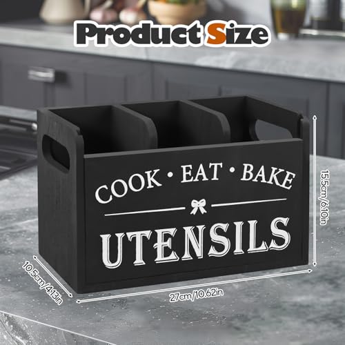 Kitchen Utensils Holder - Black Utensil Holder Cooking Utensil Organizer with 3 Compartment Drainage Bottom, Wooden Cutlery Storage Holder Farmhouse Cutlery Caddy, Cooking Tools Storage for Countertop - Image 5