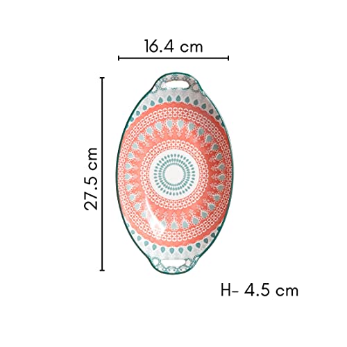 Image of Nestasia Mandala Ceramic Long Dish with Handles (10.8 Inch) - Elegant Oval Serving Platter for Snacks, Appetizers, Salads, and Noodles | Microwave & Dishwasher Safe (Red & Green)