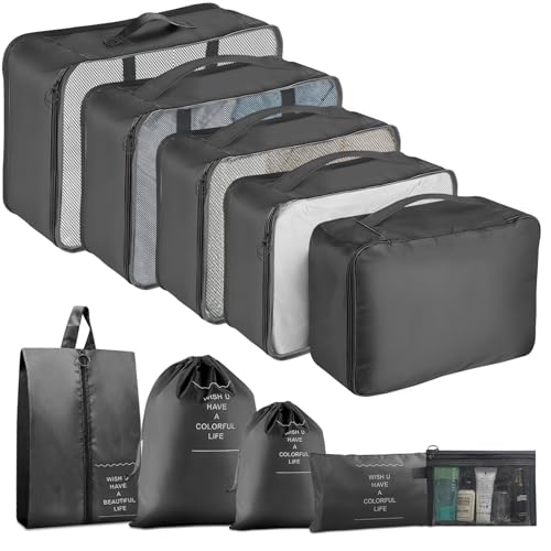 MOFELON Koffer Organizer Set, 10 Stück Travel Packing Cubes, Kofferorganizer Packtaschen Set Packwürfel mit Kleidertaschen Schuhbeutel, Reise Gadgets-Schwarz