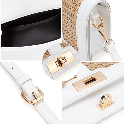 Image of FALETO Straw Crossbody Bags for Women Summer Leather Stitching Straw Flap Bag Handbag Shoulder Clutch Purse