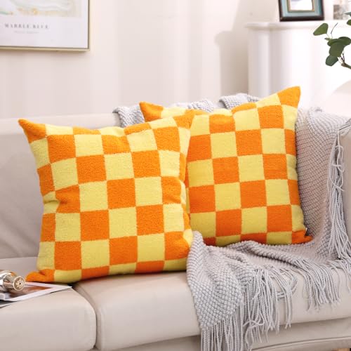 Alysheer Checkered Embroidered Throw Pillow Covers 18"x 18" 2pc Orange