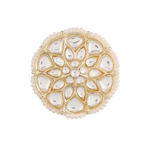 I Jewels Gold Plated Indian Wedding Bollywood White Kundan & Pearl Studded Adjustable Finger Ring for Women (FL207-09)