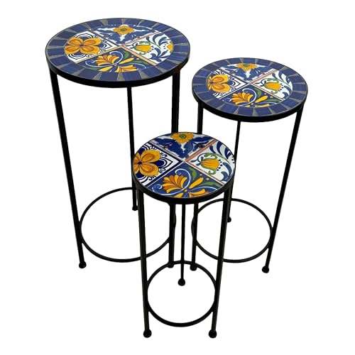 AXI Lola Etagère À Plantes Ronde En Mosaïque Bleu/Jaune – Lot De 3 Pièces | Table À Plantes Avec Incrustations De Carreaux De Mosaïque En Céramique |...