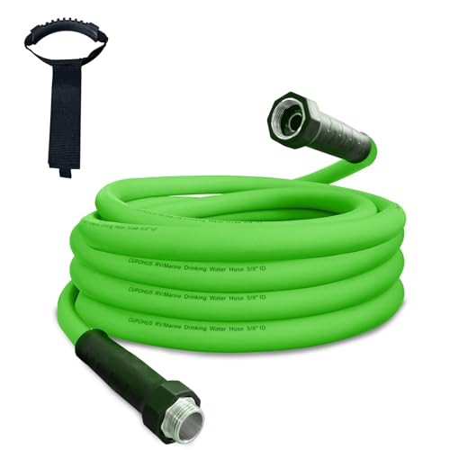 Image of Cupohus RV Water Hose 15FT, 5 /8 inch Extra Thick Wall Drinking Water Hose | Camper Water Hose, Potable Food Grade Hose with Storage Strap, Strain Relief Ends, Kink-Resistant, Marine, Car, Garden, Green