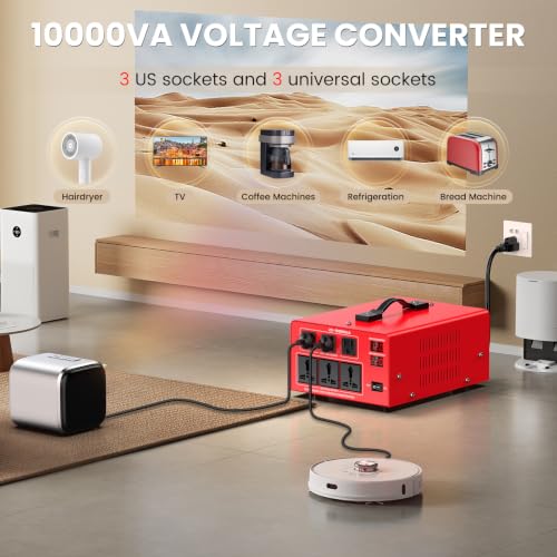Image of 10000W Heavy Duty Voltage Converter Transformer - Step Up 110V to 220V & Step Down 220V to 110V, Auto Input Recognition, 3 US & 3 Universal Outlets, LCD Display, Circuit Breaker for Travel & Home