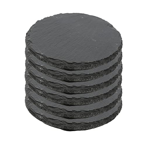 Mini Plato Llano de Pizarra Natural, Platos para Sushi, Plato de Pizarra con Caja de Bambú, Bandejas para Servir Alimentos Quesos, Tapas Sushi, Negro, Tablas de Piedra Redonda 10 cm - 6 Unidades