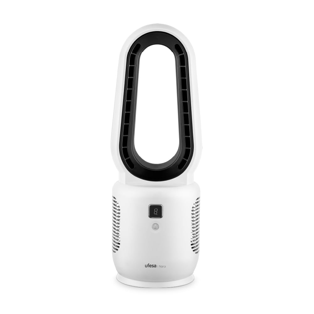 Ufesa Wentylator stołowy bez łopatek Nara, możliwość ponownego ładowania, 10 W, USB‑C, 3 prędkości, wyświetlacz LED, akumulator 2200 mAh, zasilanie z kablem lub bez, szybkie ładowanie, kompaktowy