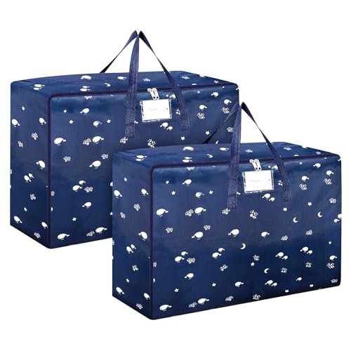 2 Pcs 105L Large Storage Bag, Large Moving Bag with Zips for Moving Storage Clothes Bedding Duvet Quilt Blankets Waterproof Moving Totes Christmas Storage Containers (Dark blue)