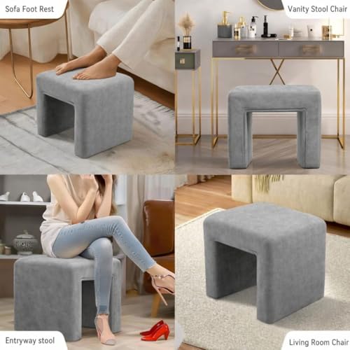 Image of Kundi Modern Boucle Vanity Stool Chair with Wooden Legs - Soft Ottoman Footstool for Makeup Room, Living Room, Entryway & Office (White) (Dark Grey)
