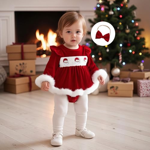 Newborn Baby Girl Christmas Outfit Santa Embroidery Romper with Headband Fur Trim Velvet Xmas Princess Dress2
