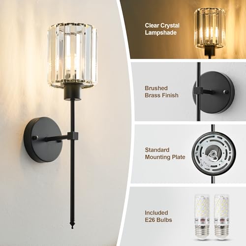 Image of KARTOOSH Hardwired Crystal Wall Sconces Set of 2 | 20.1 Inch Black Wall Lights Dimmable 3000K Warm White Wall Lamps for Hallway, Bathroom, Living Room, Bedroom