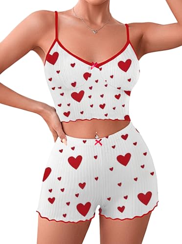 Image of Hilinker Womens Graphic Print Ribbed PJ Set Crop Cami Tops and Shorts Cute Pajamas Set