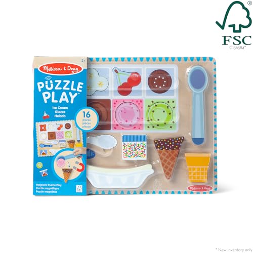 Image of Melissa & Doug Ice Cream Wooden Magnetic Puzzle Game Set 16 Pieces Magnetic with Scoop and Wooden Toy Food for Boys Girls Age 2+