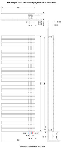 Schulte H02416960 57, designradiator Breda, 169 x 60 cm, 838 Watt, aansluiting aan de onderkant, antraciet, design… - Image 5