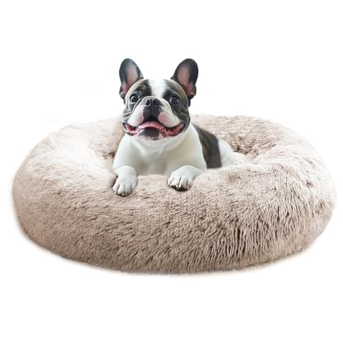 Image of JOLLYVOGUE Calming Dog Bed for Small Dogs - 23 inches Donut Washable Small Dog Bed for Kittens & Puppies, Anti-Slip Round Fluffy Plush Faux Fur Cat Beds (Fits up to 25 lbs Pets, Cream Brown)