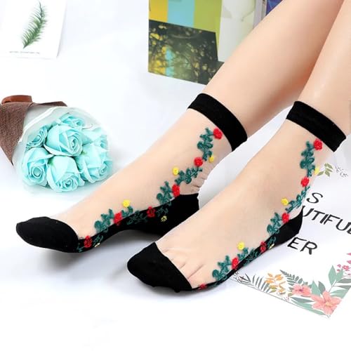 Image of DXYAKY 5 Pairs Sheer Floral Socks for Women, Lightweight Mesh Ankle Lace Socks, Breathable Summer Cute Transparent Stockings