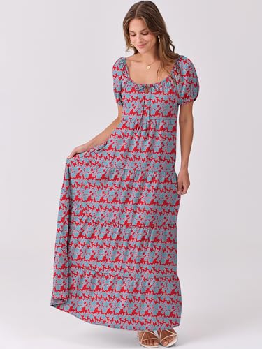 Image of ANRABESS Women's Boho Maxi Dresses 2025 Summer Casual Floral Puff Short Sleeve Tie Front Flowy Swing Tiered Long Beach Dress