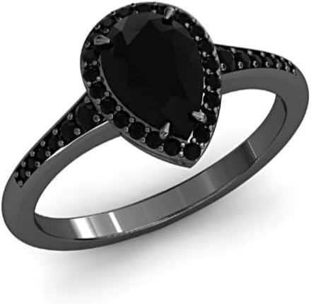 Pear Shaped Onyx Engagement Ring Set Rose Gold Black Stone Promise Ring Halo Unique Black Solitaire Anniversary Ring Half Eternity Ring