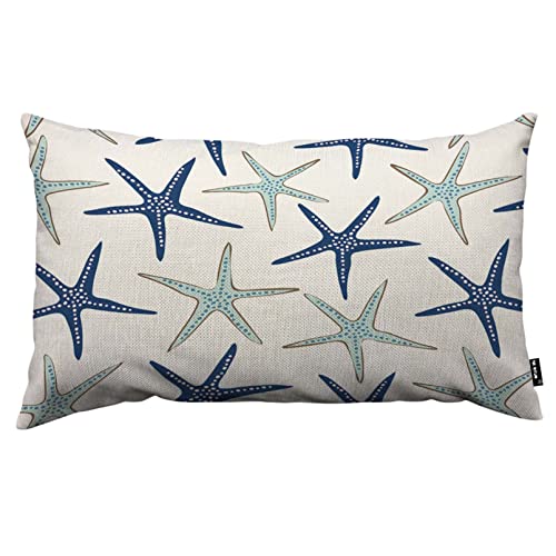 TKS MITLAN Nautical Starfish Decorative Pillow Covers Navy Blue and Turquoise Sea Stars Rustic Linen Throw Pillow Covers 12x20 Inch for Sofa Couch Decoration