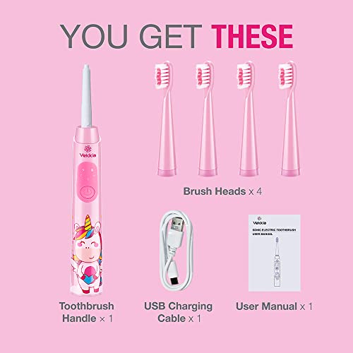 Vekkia Unicorn Jada Sonic Rechargeable Kids Electric Toothbrush, 3 Modes With Memory, Fun & Easy Cleaning, 31000 Strokes, Ipx7 Waterproof, 2-Min Timer For Age 3+, 4 Soft Bristles, 1 Piece,Pink