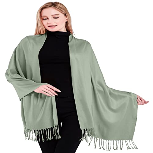 CJ Apparel Grey Green Sage/Laurel/Light/Pale Green Solid Color Tassels Design Nepalese Shawl Seconds Scarf Wrap Stole Throw Head Wrap Pashmina Hand Made in Nepal New