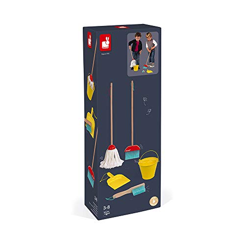 Janod - Set de limpieza - 5 accesorios de madera realistas - Escoba + Fregona + Cubo + Pala + Cepillo - Juguete de imitación de madera para niños - A partir de 2 años, J06588