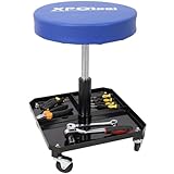 AMZSTAN 250 lb Rolling Workshop Stool with Tool Tray – Adjustable 16.5″‑21″ Gas‑Lift Mechanic Chair, 360° Swivel Casters & Plush Padded Seat for Auto Repair & Car Detailing (Black + Blue)