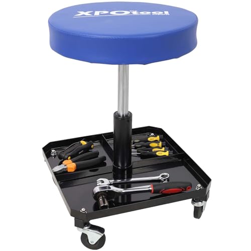 AMZSTAN 250 lb Rolling Workshop Stool with Tool Tray – Adjustable 16.5″‑21″ Gas‑Lift Mechanic Chair, 360° Swivel Casters & Plush Padded Seat for Auto Repair & Car Detailing (Black + Blue)