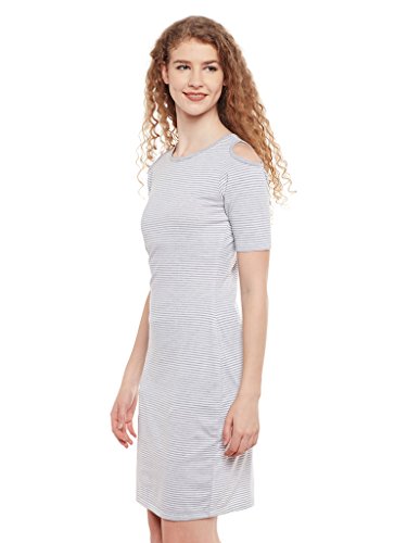 Image of Miss Chase Women's Grey and White Round Neck Half Sleeves Striped Mini Bodycon Dress