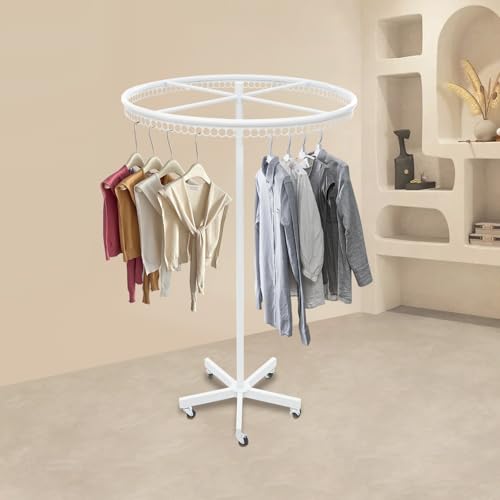 GIDRLL Perchero redondo giratorio con soporte con ruedas, perchero multifuncional independiente, altura regulable, percha de metal para minoristas, boutiques, dormitorios, diámetro de 76 cm (blanco)