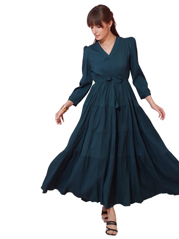 Women's Casual 3/4 Sleeve Crepe Fit and Flare Dress| Comfortable Relaxed Fit Summer Party Dress-image-37