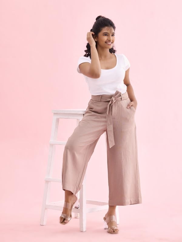 Image of GO COLORS Solid Linen Culottes for Women | High Rise, Side Pockets, Front tie-up