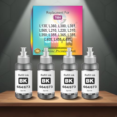 Image of CANOFF T664 Black Refill Ink Compatible for Epson L130, L360, L380, L361, L565, L210, L220, L310, L350, L355, L365, L385, L405, L455, L485 Printers (T664 Black 4pc.)