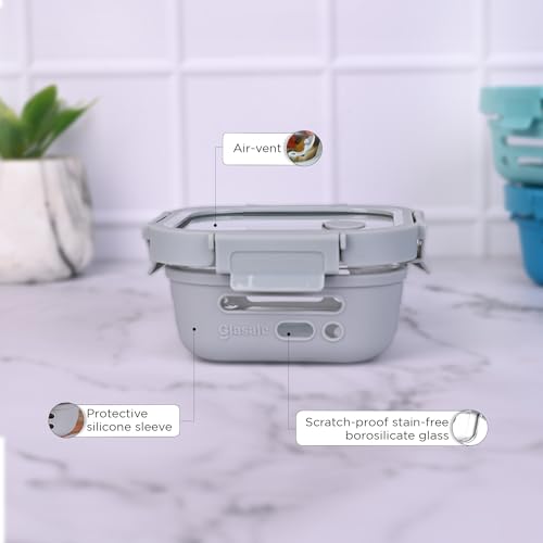 Image of GLASAFE Borosilicate Glass Lunch Box for Office w /t Air-Tight lid & Protective Silicone Sleeve | Tiffin Box for Men & Woman | Microwave & Dishwasher Safe | Leakproof Design | Set of 1-520ml,Grey