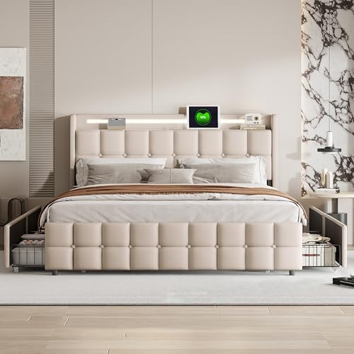DULRLLY Bett 180x200 mit Stauraum Polsterbett Doppelbett mit 4 Schubladen und Kopfteil Stauraumbetten Jugendbett Funktionsbett 180x200 Bettgestell mit Lattenrost, Ohne Matratz,Linnen (Beige)