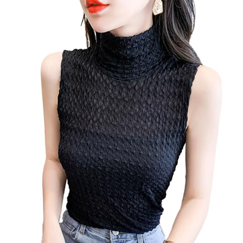 [fourfivesixはる] タンクトップ インナー ハイネック レディース ノースリーブ インナー カットソー タートルネック 薄手 伸縮性無地 トップス ノースリーブ Tシャツ 無地 重ね着 (XL, 002タイプ ブラック)のサムネイル