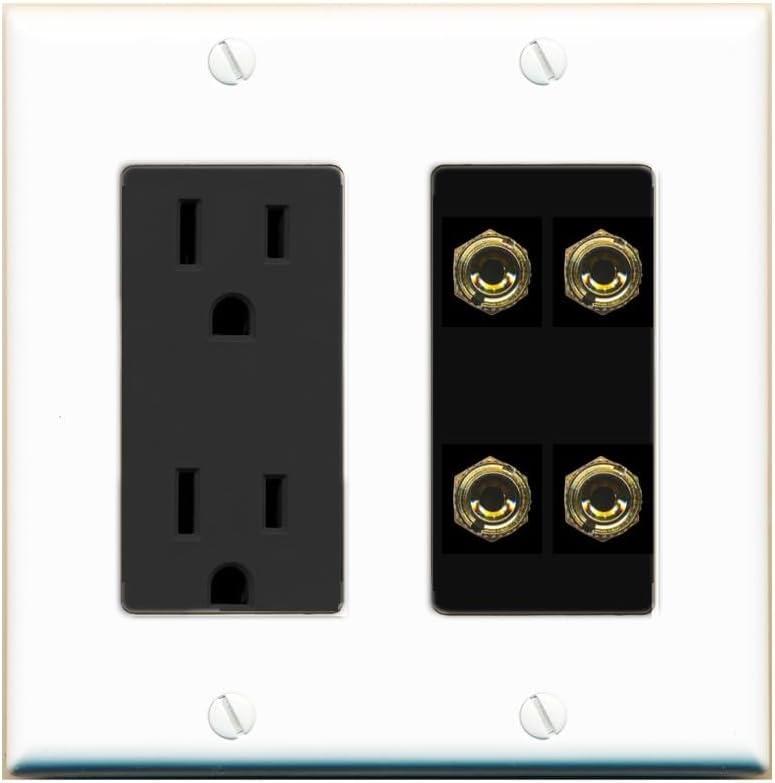 RiteAV 4 Banana 2 Speaker Surround Female Coupler Binding Post Wall Plate - Outlet [Stainless/Gray]