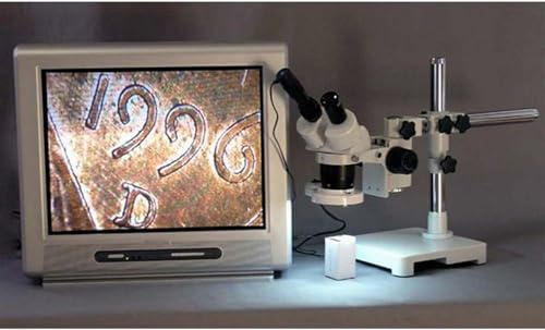 Image of AmScope SW-3B13Y-FRL Binocular Stereo Microscope, WH10x Eyepieces, 5X /15X /30X /45X Magnification, 1X /3X Objective, Single-Arm Boom Stand, 8W Fluorescent Ring Light, 110V-120V, Includes 1.5x Barlow Lens