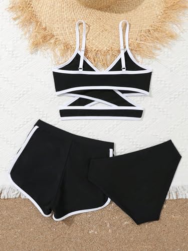 Image of WDIRARA Girl's 3 Pieces Wrap V Neck Criss Cross Swimsuit Bikini Set Bathing Suit with Shorts Black and White 8Y